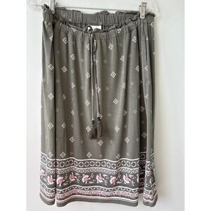 J Jill Olive Green Boho Tassel Floral Drawstring Midi Skirt Women's Size Large